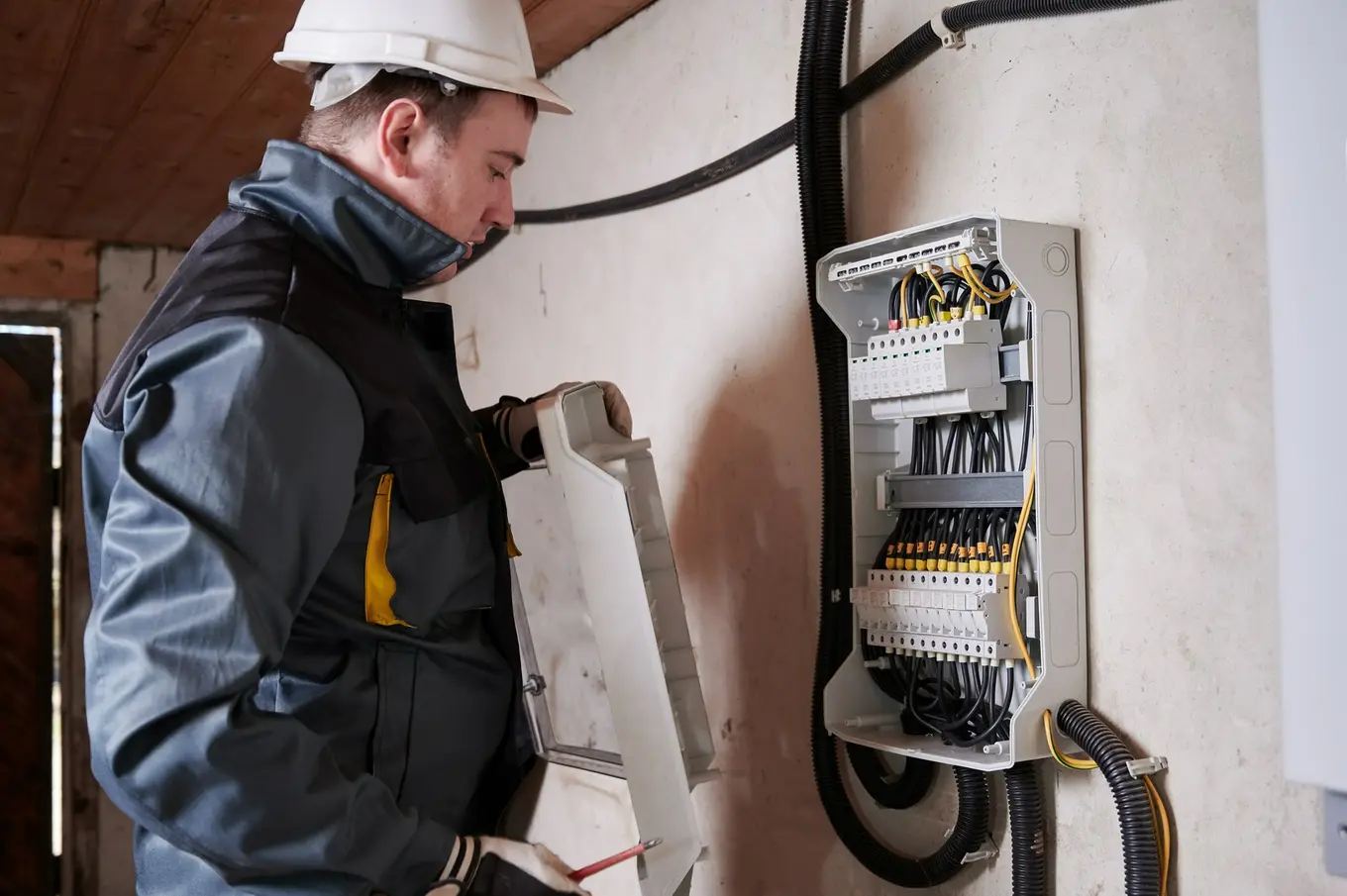 elektryk montuje rozdzielnię elektryczną